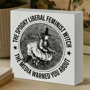 NEW “Spooky Liberal Feminist Witch” Wooden Box Decor Accent Art White Black